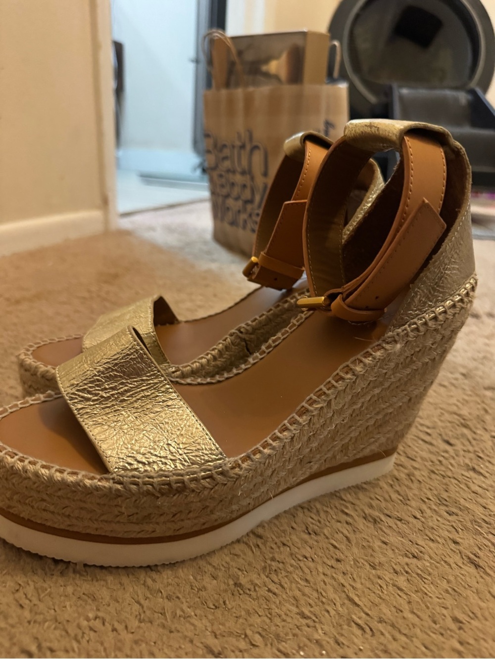 See by Chloé Gold Espadrille Wedge Sandals with Ankle Strap Size: 8.5